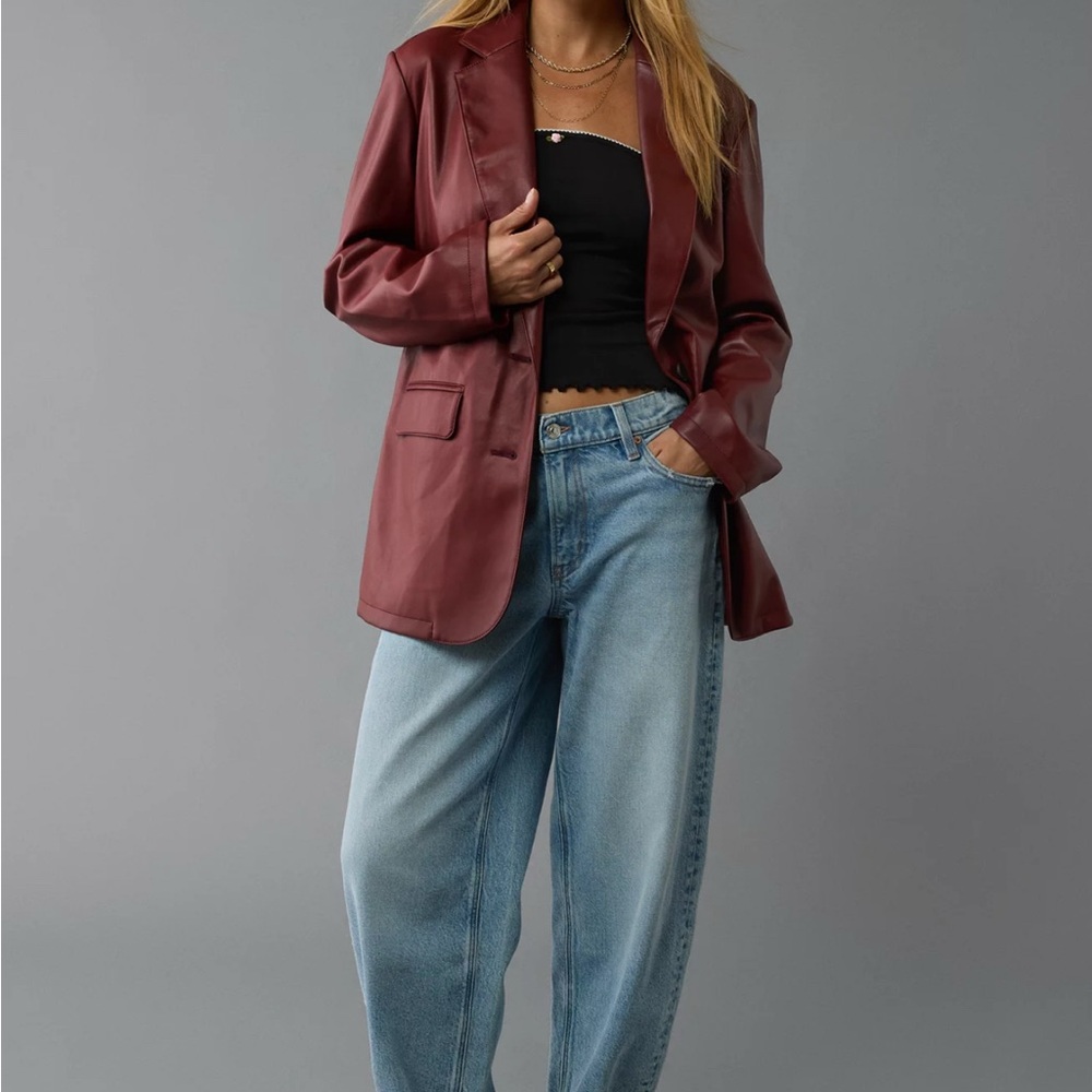 Women's Burgundy Faux Leather Blazer